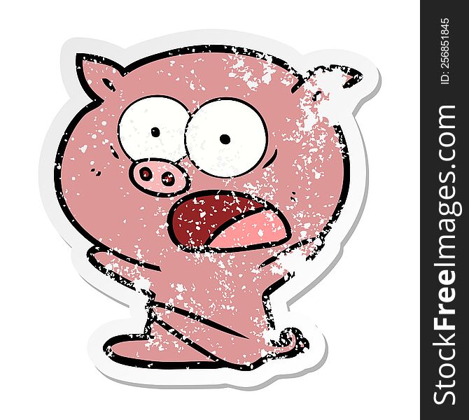 Distressed Sticker Of A Shocked Cartoon Pig Sitting Down