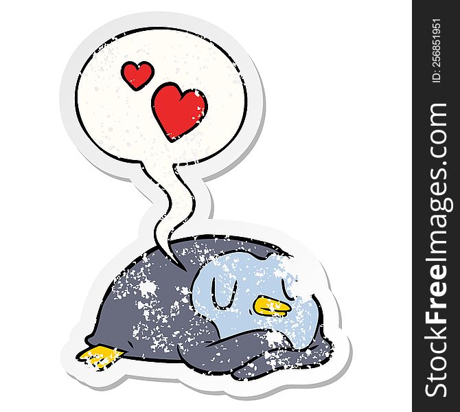 cartoon penguin with love hearts with speech bubble distressed distressed old sticker. cartoon penguin with love hearts with speech bubble distressed distressed old sticker
