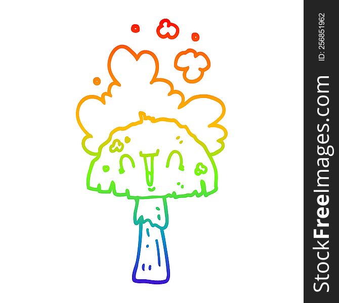 Rainbow Gradient Line Drawing Cartoon Mushroom With Spoor Cloud