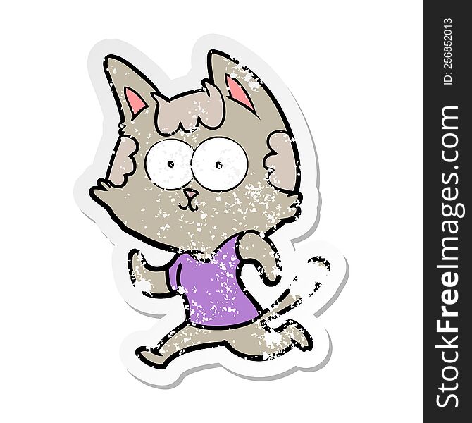 distressed sticker of a happy cartoon cat jogging