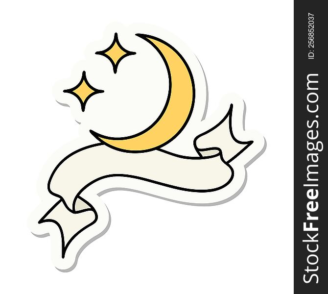tattoo style sticker with banner of a moon and stars