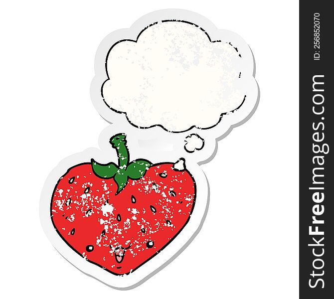 Cartoon Strawberry And Thought Bubble As A Distressed Worn Sticker