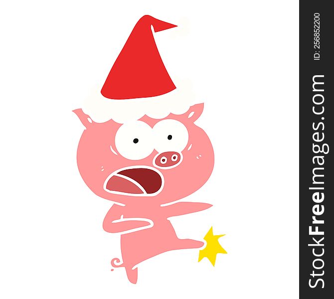 hand drawn flat color illustration of a pig shouting and kicking wearing santa hat