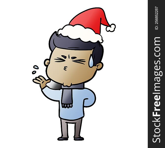 Gradient Cartoon Of A Man Sweating Wearing Santa Hat