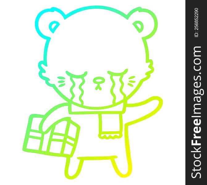 cold gradient line drawing crying cartoon bear with present