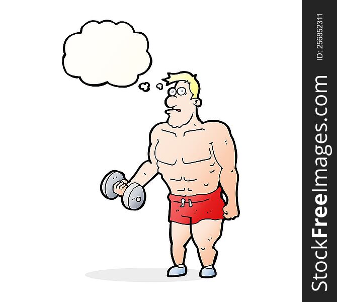 cartoon man lifting weights with thought bubble