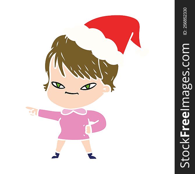 hand drawn flat color illustration of a happy woman wearing santa hat