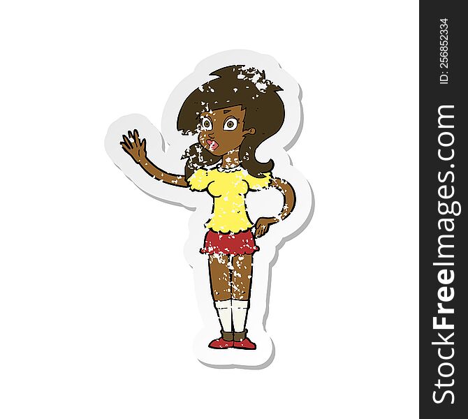 retro distressed sticker of a cartoon pretty woman waving for attention