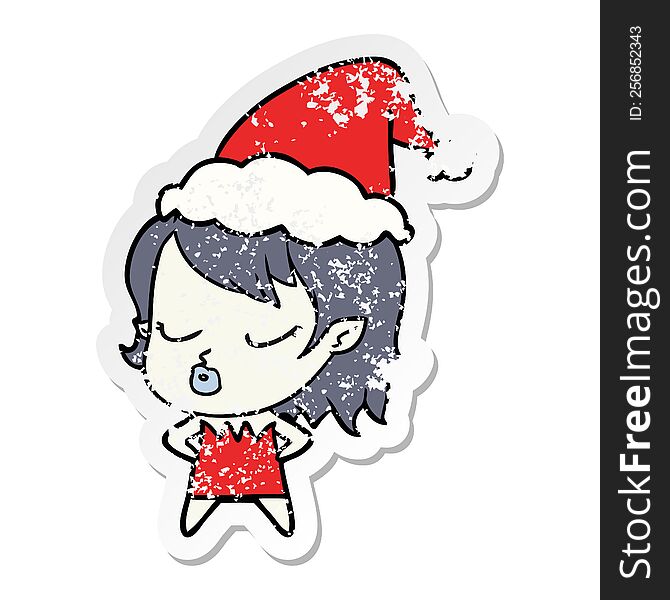 Cute Distressed Sticker Cartoon Of A Vampire Girl Wearing Santa Hat