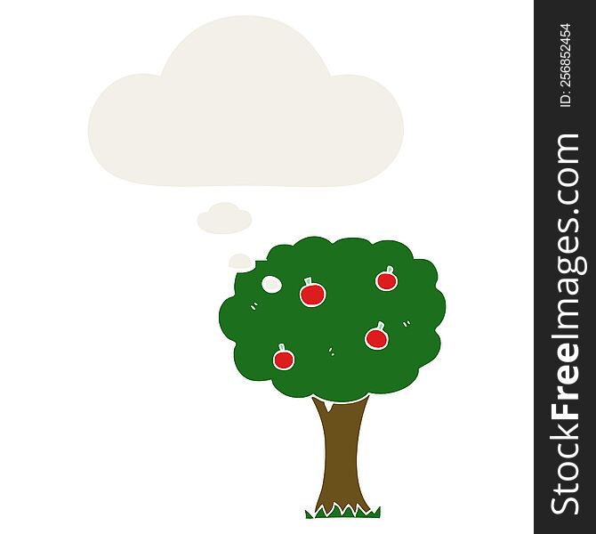 cartoon apple tree with thought bubble in retro style