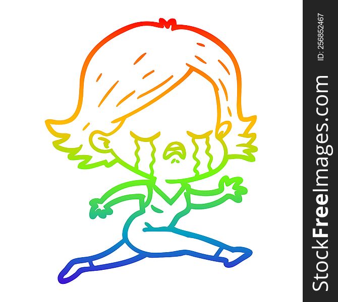 Rainbow Gradient Line Drawing Cartoon Girl Crying Whilst Running
