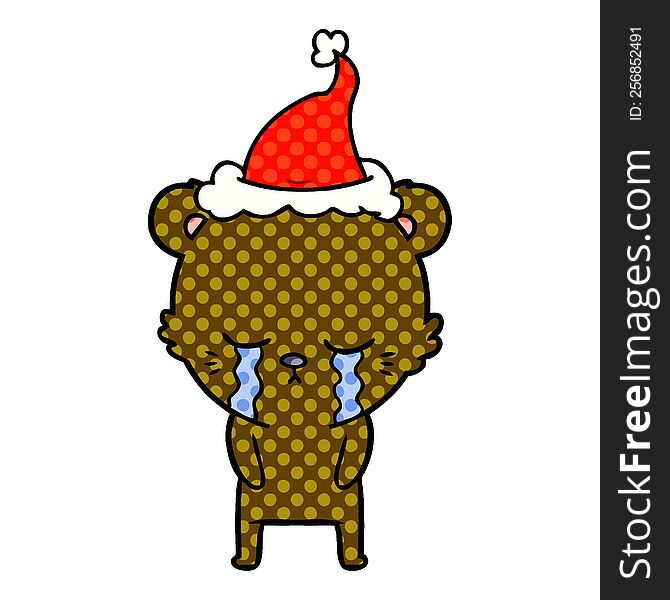 crying hand drawn comic book style illustration of a bear wearing santa hat