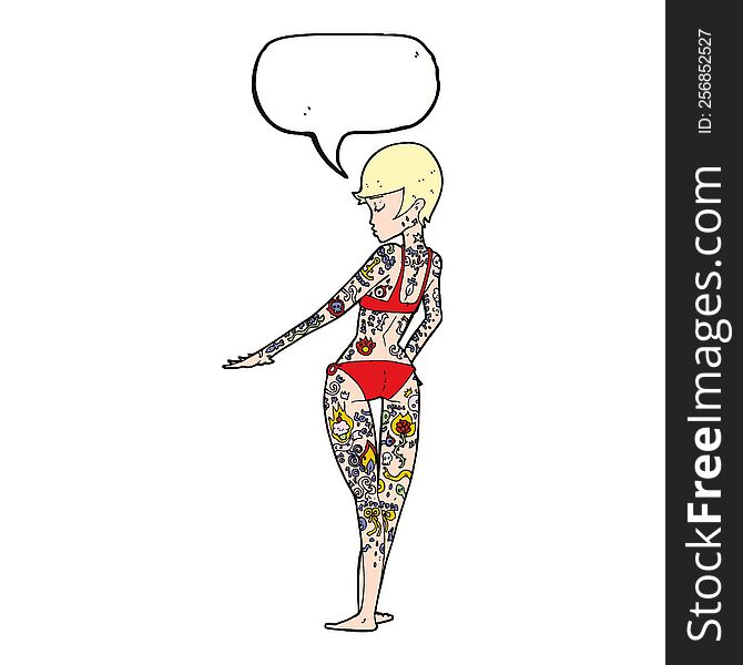 cartoon bikini girl covered in tattoos with speech bubble