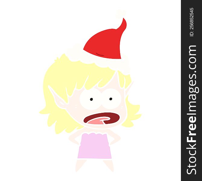 flat color illustration of a shocked elf girl wearing santa hat