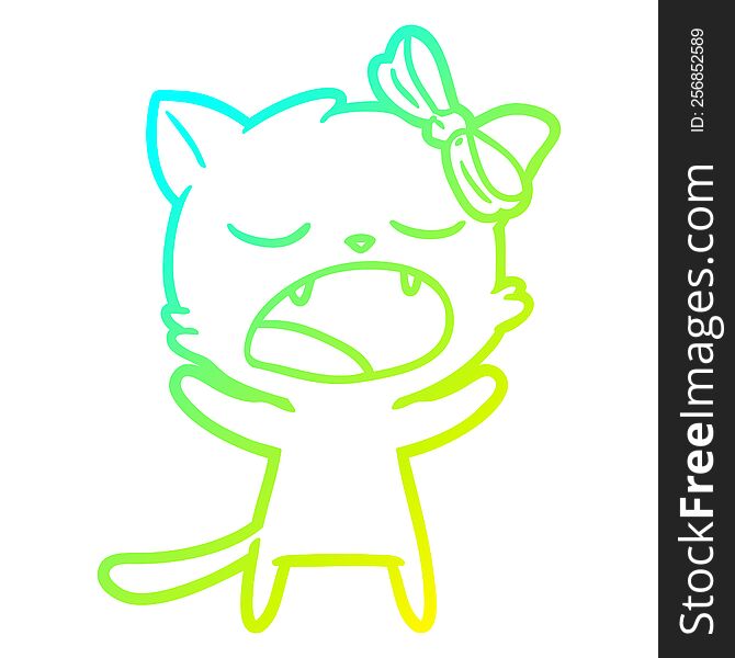 Cold Gradient Line Drawing Cartoon Yawning Cat