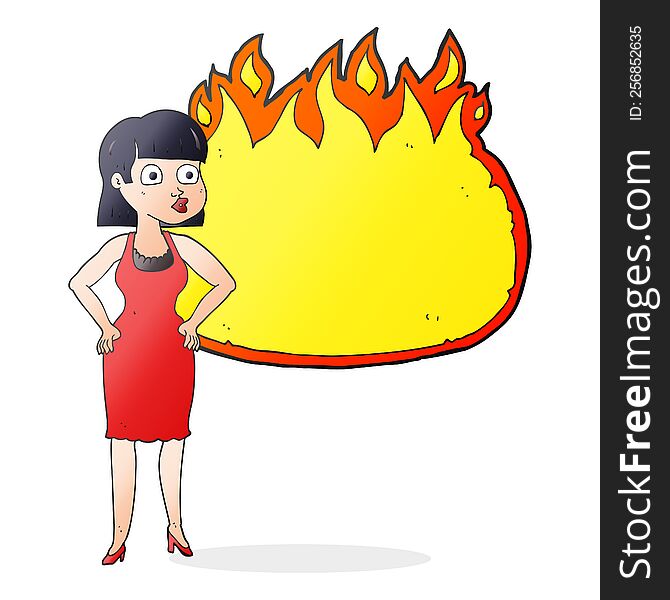 freehand drawn cartoon woman in dress with hands on hips and flame banner