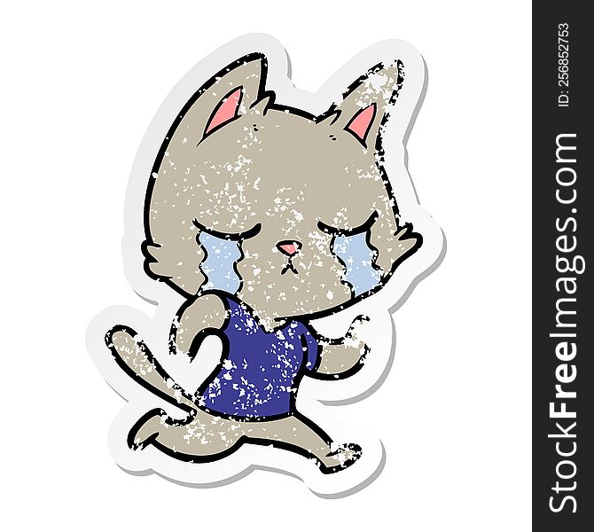 distressed sticker of a crying cartoon cat running away
