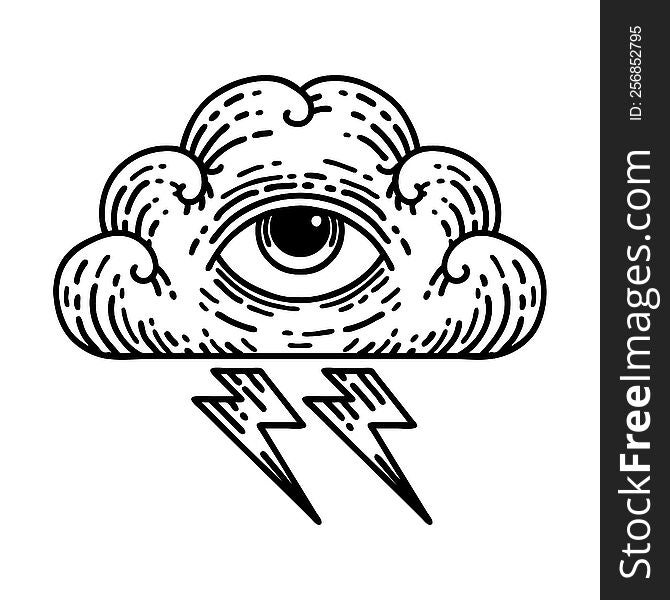tattoo in black line style of an all seeing eye cloud. tattoo in black line style of an all seeing eye cloud