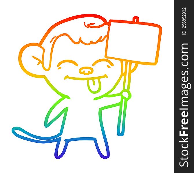 rainbow gradient line drawing funny cartoon monkey with placard