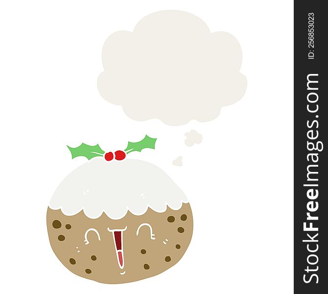 Cute Cartoon Christmas Pudding And Thought Bubble In Retro Style