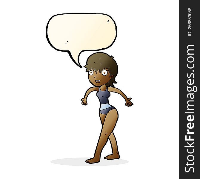 cartoon happy woman in swimming costume with speech bubble