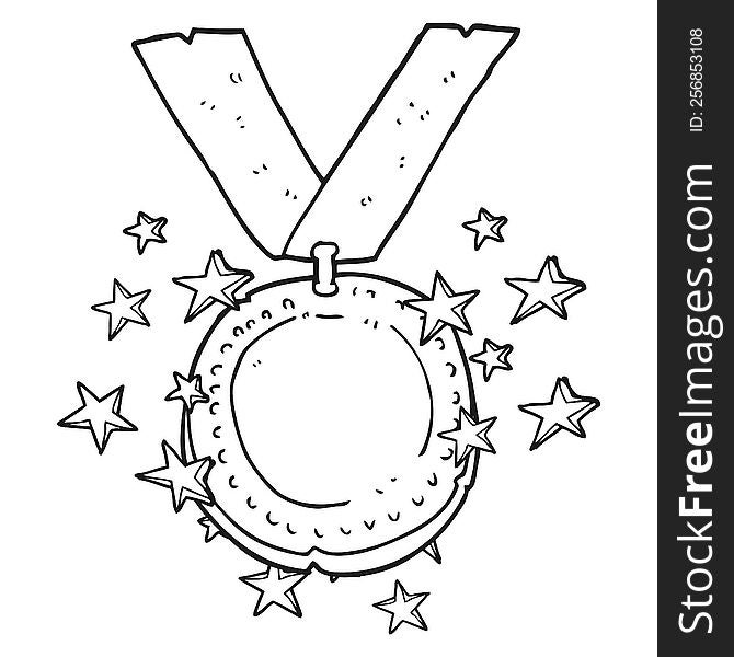 freehand drawn black and white cartoon sparkling gold medal