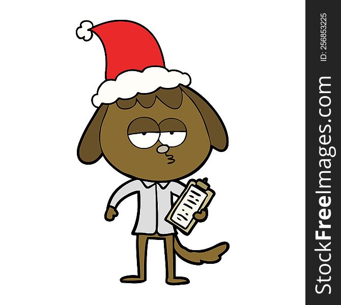 hand drawn line drawing of a bored dog in office clothes wearing santa hat