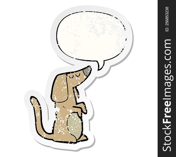 cartoon dog with speech bubble distressed distressed old sticker. cartoon dog with speech bubble distressed distressed old sticker