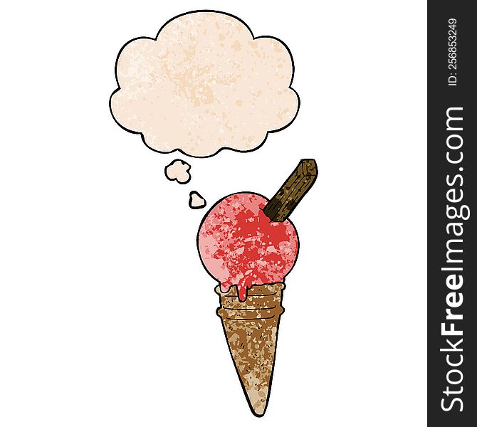 cartoon ice cream with thought bubble in grunge texture style. cartoon ice cream with thought bubble in grunge texture style