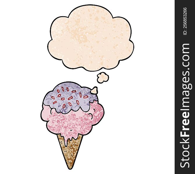 Cartoon Ice Cream And Thought Bubble In Grunge Texture Pattern Style