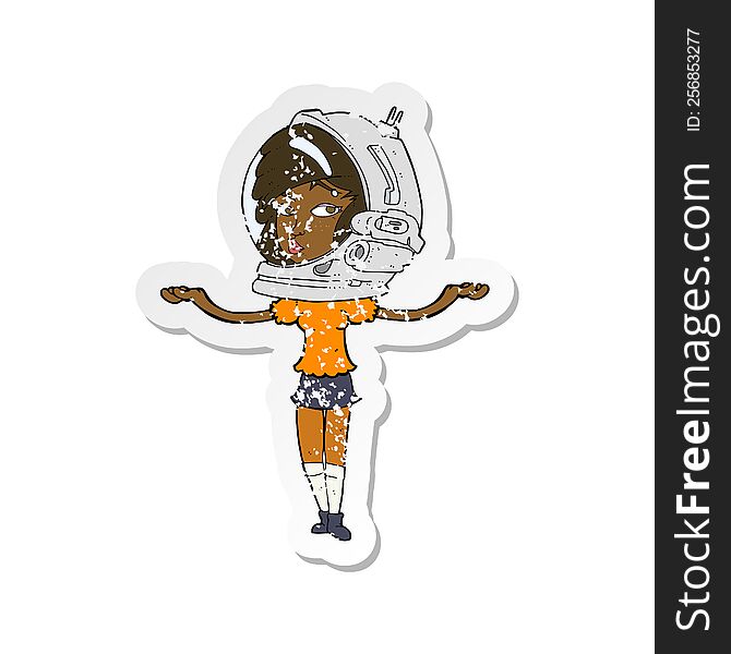 retro distressed sticker of a cartoon woman wearing space helmet