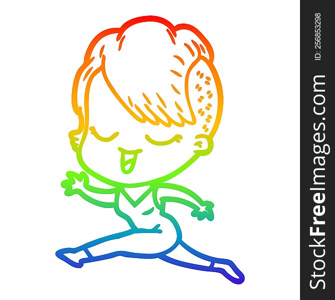 Rainbow Gradient Line Drawing Happy Cartoon Girl Running