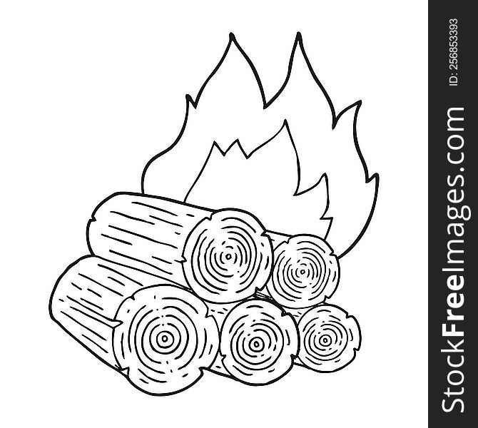 freehand drawn black and white cartoon burning logs