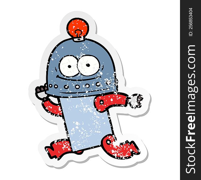 Distressed Sticker Of A Happy Carton Robot With Light Bulb