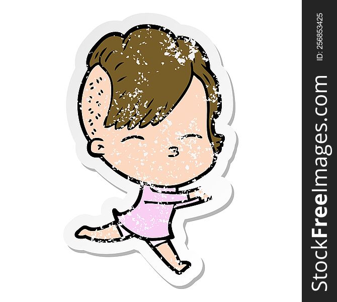 Distressed Sticker Of A Cartoon Squinting Girl Running