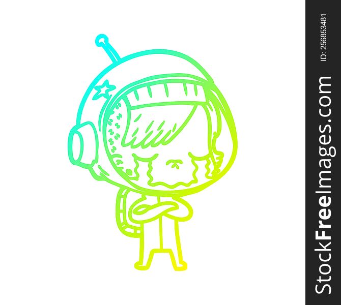 cold gradient line drawing of a cartoon crying astronaut girl