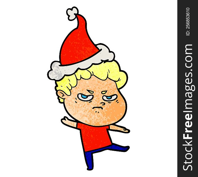 hand drawn textured cartoon of a angry man wearing santa hat