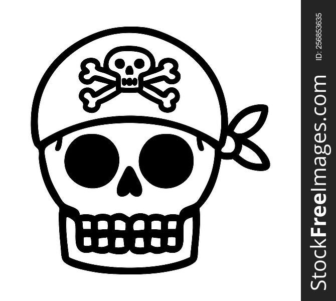 tattoo in black line style of a pirate skull. tattoo in black line style of a pirate skull