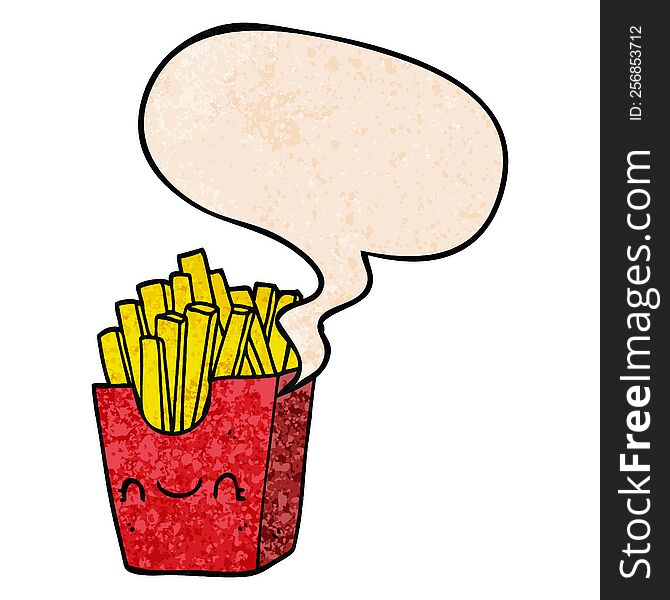Cartoon Fries In Box And Speech Bubble In Retro Texture Style