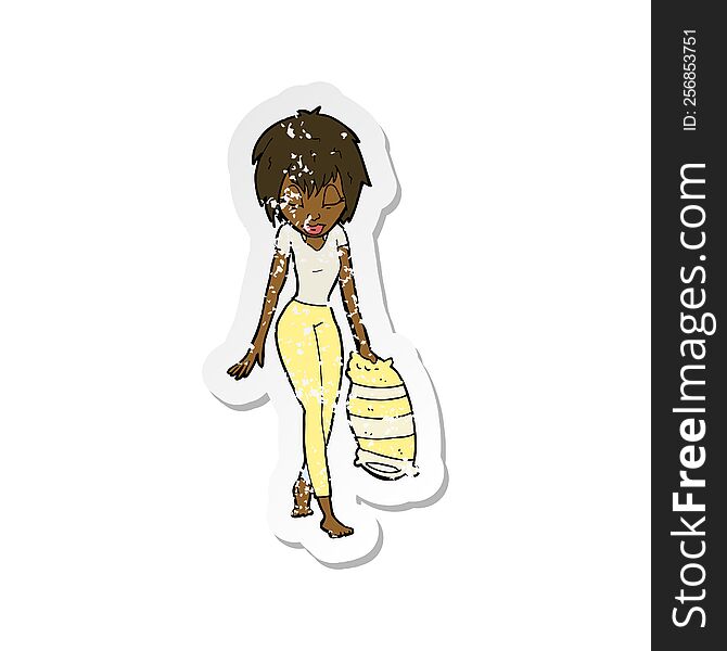 retro distressed sticker of a cartoon woman going to bed
