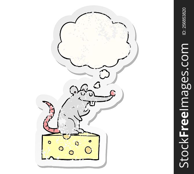 cartoon mouse sitting on cheese with thought bubble as a distressed worn sticker