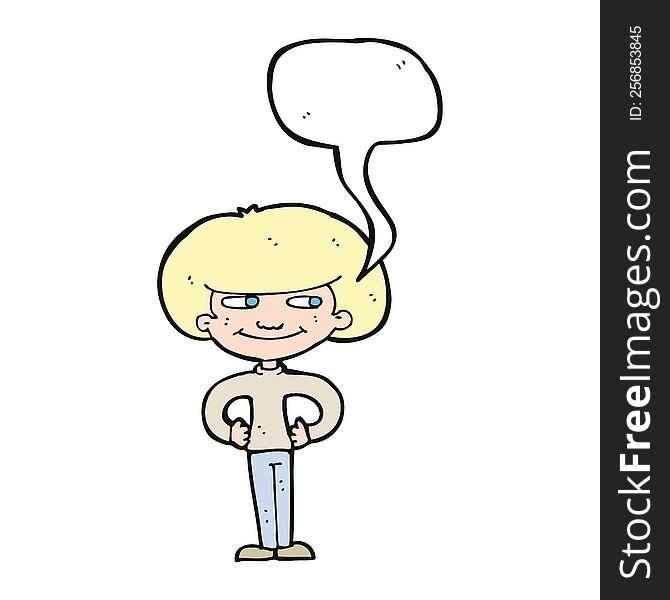 cartoon boy with hands on hips with speech bubble