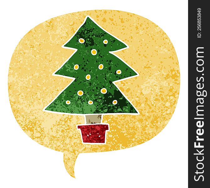 Cartoon Christmas Tree And Speech Bubble In Retro Textured Style