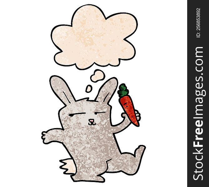 cartoon rabbit with carrot and thought bubble in grunge texture pattern style