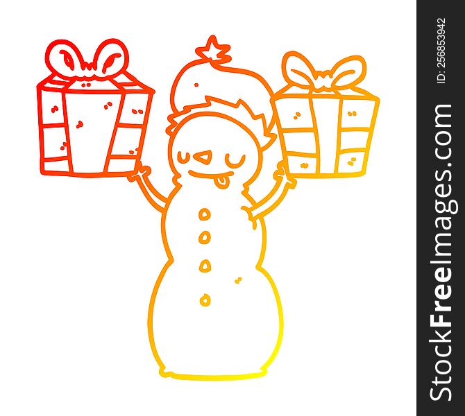 warm gradient line drawing of a cartoon snowman with present