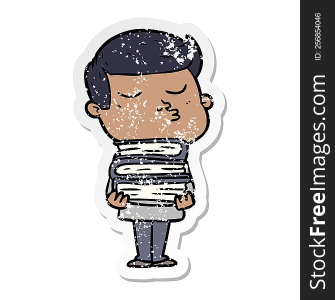 Distressed Sticker Of A Cartoon Model Guy Pouting Holding Books