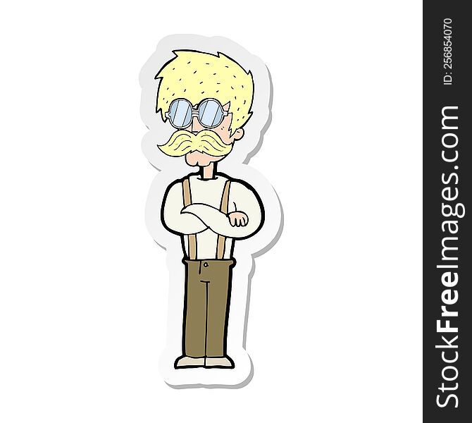 Sticker Of A Cartoon Hipster Man With Mustache And Spectacles