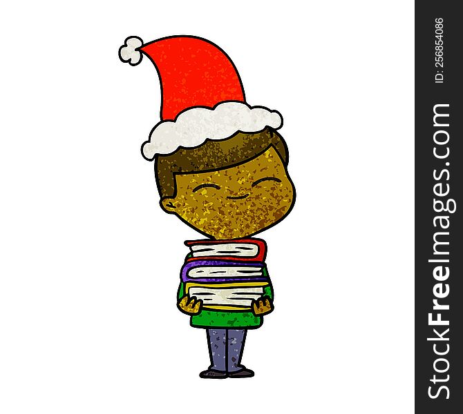 Textured Cartoon Of A Smiling Boy With Stack Of Books Wearing Santa Hat