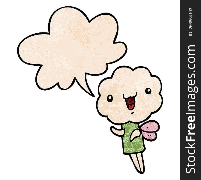 cute cartoon cloud head creature with speech bubble in retro texture style
