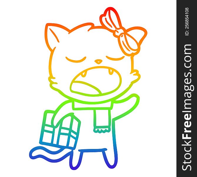 rainbow gradient line drawing of a cartoon cat with christmas present